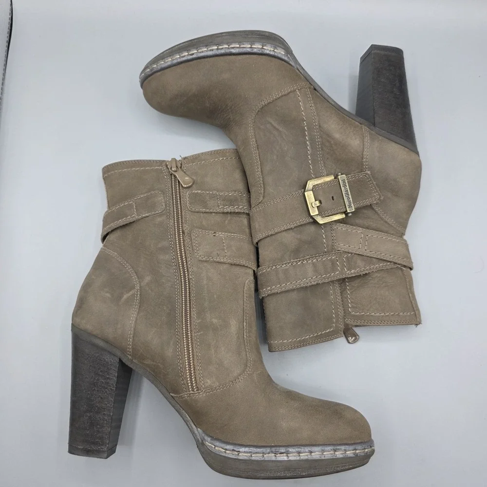 Nero Giardini Booties Womens 37 Brown Leather Ankle Strap Buckle High Heel Dress
